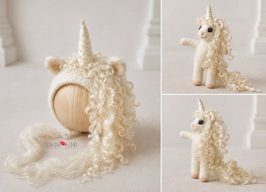 Hand Felted Unicorn Set - Bonnet & Unicorn | Newborn & Sitter Photography Props