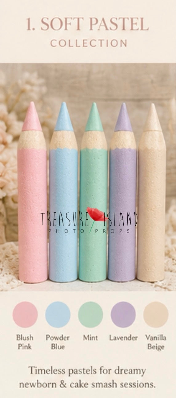 Chart  of Classic Collection handmade styrofoam giant colored pencils in Blush Pink, Powder Blue, Mint, Lavender and Vanilla Beige. Back to School photo props for newborn, sitter and cake smash photography. Back to School photography props for newborn, sitter and cake smash sessions.