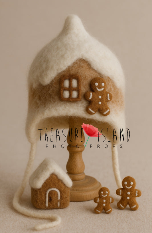Snow Cottage Set – Felted Bonnet, Cottage & Gingerbread Toys