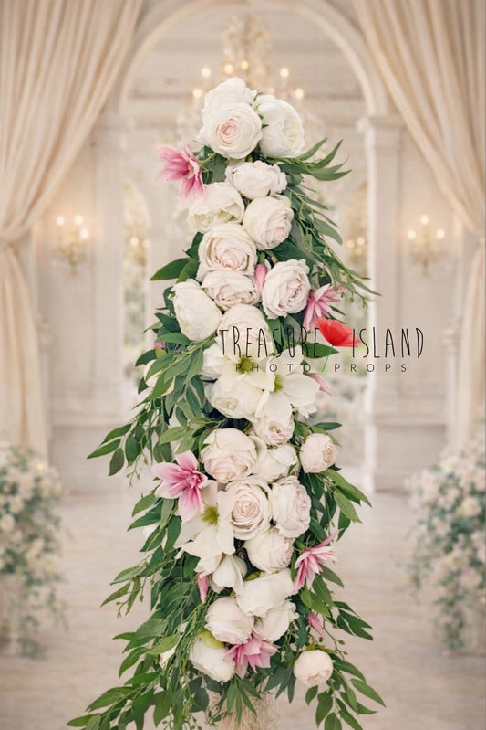 Luxury cascading floral garland with white roses, ivory peonies and pink lilies, newborn and maternity photo prop, hanging flower arrangement for studio photography