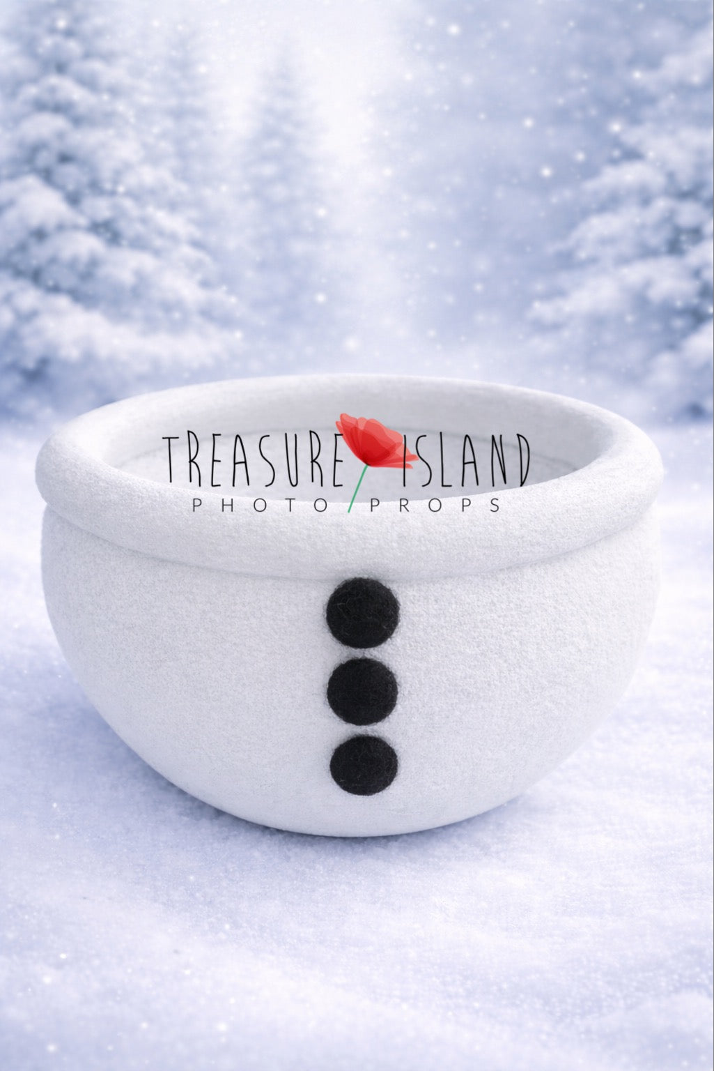White textured newborn photography bowl with three black felt buttons, minimalist snowman inspired prop for winter cake smash and newborn sessions