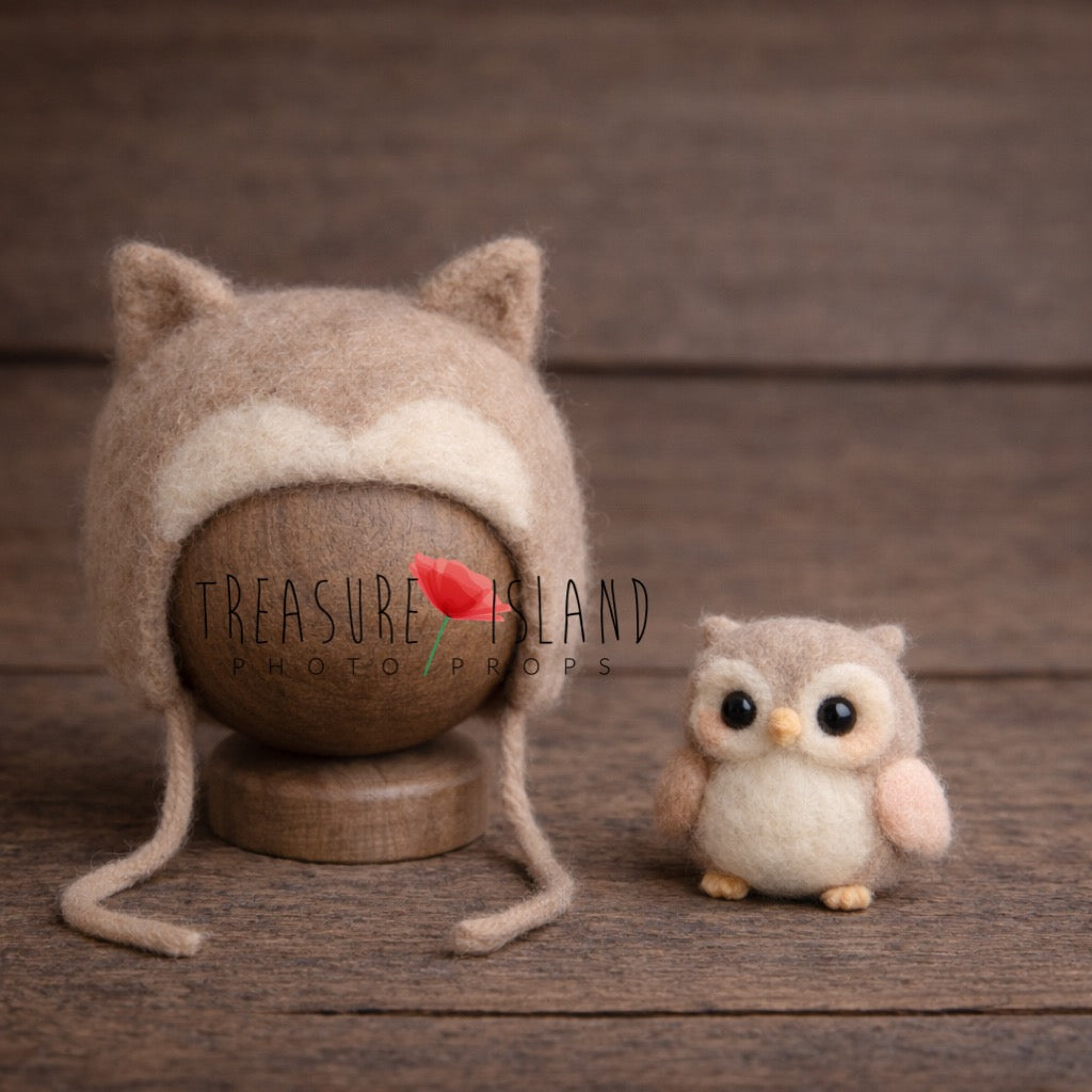 Hand-felted newborn owl bonnet and small owl companion in cappuccino frappe pastel tone displayed on wooden background – woodland photography prop set