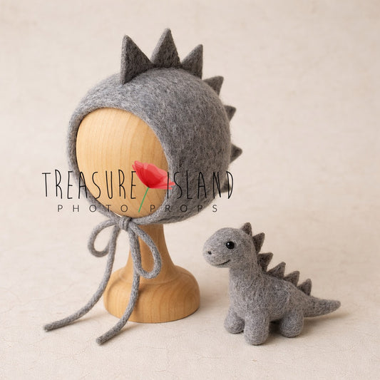 Luxury hand-felted gray dinosaur bonnet with spine spikes and miniature felt dinosaur toy – DINO Collection photography prop