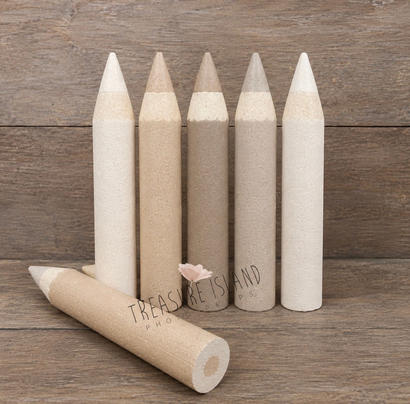 5 of Scandinavian Collection handmade styrofoam giant colored pencils in Ivory, Sand, Taupe, Greige, Warm White. Back to School photo props for newborn, sitter and cake smash photography. Back to School photography props for newborn, sitter and cake smash sessions.