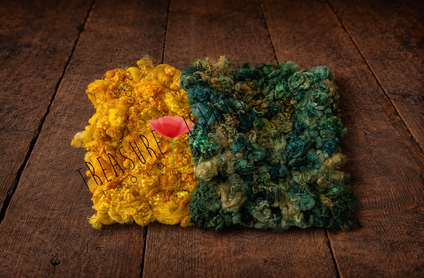 Hand-dyed curly wool texture in mustard yellow and deep green tones placed on rustic wooden floor background, natural hand-dyed fiber texture, newborn photography prop layering wool, high detail curls and organic fibers, fine art styling