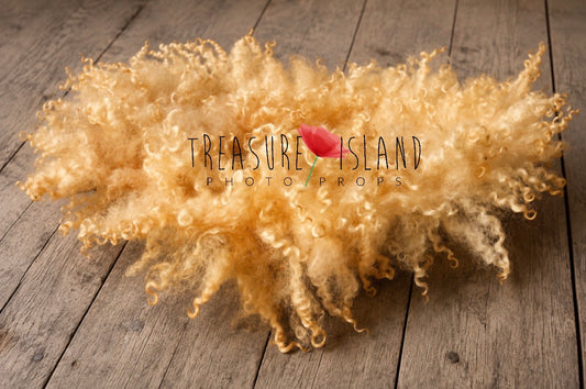 GOLDEN YELLOW Curly Wool Blanket | Hand Felted Natural Sheep Curls Photography Prop