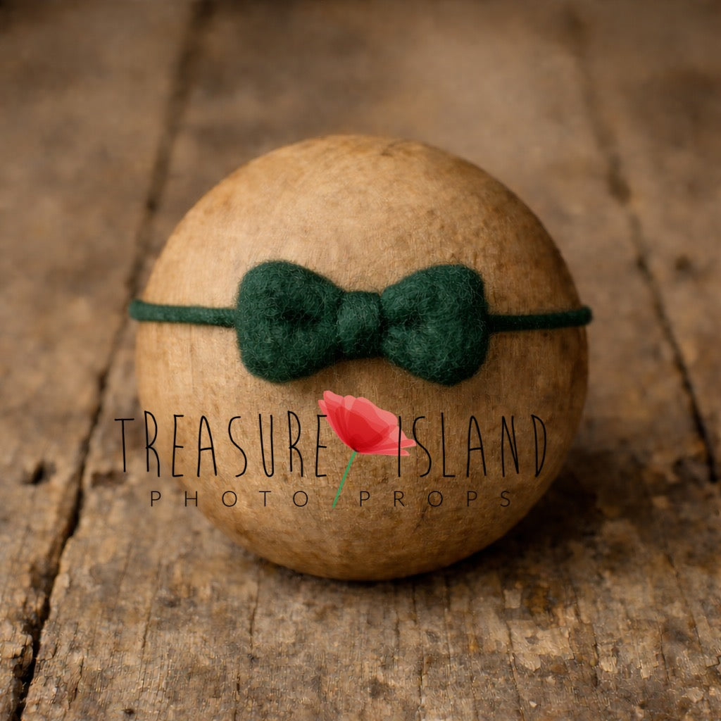 Hand-felted pine green bow headband on wool string, newborn photography prop