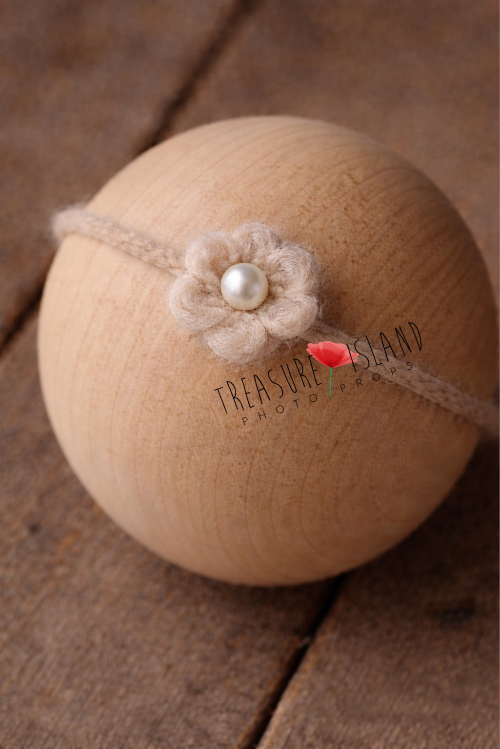 Hand-felted beige  flower headband with pearl detail, wool newborn photography prop