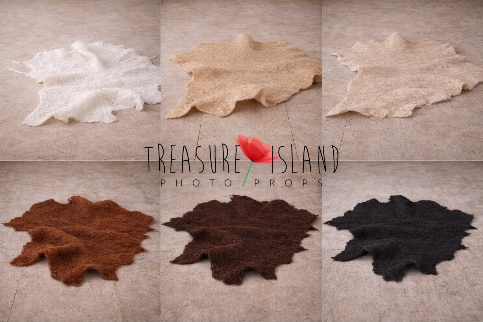 Hand-felted irregular wool blankets for newborn and sitter photography, available in white, sand, beige, rust copper, dark brown and black, displayed on wooden floor