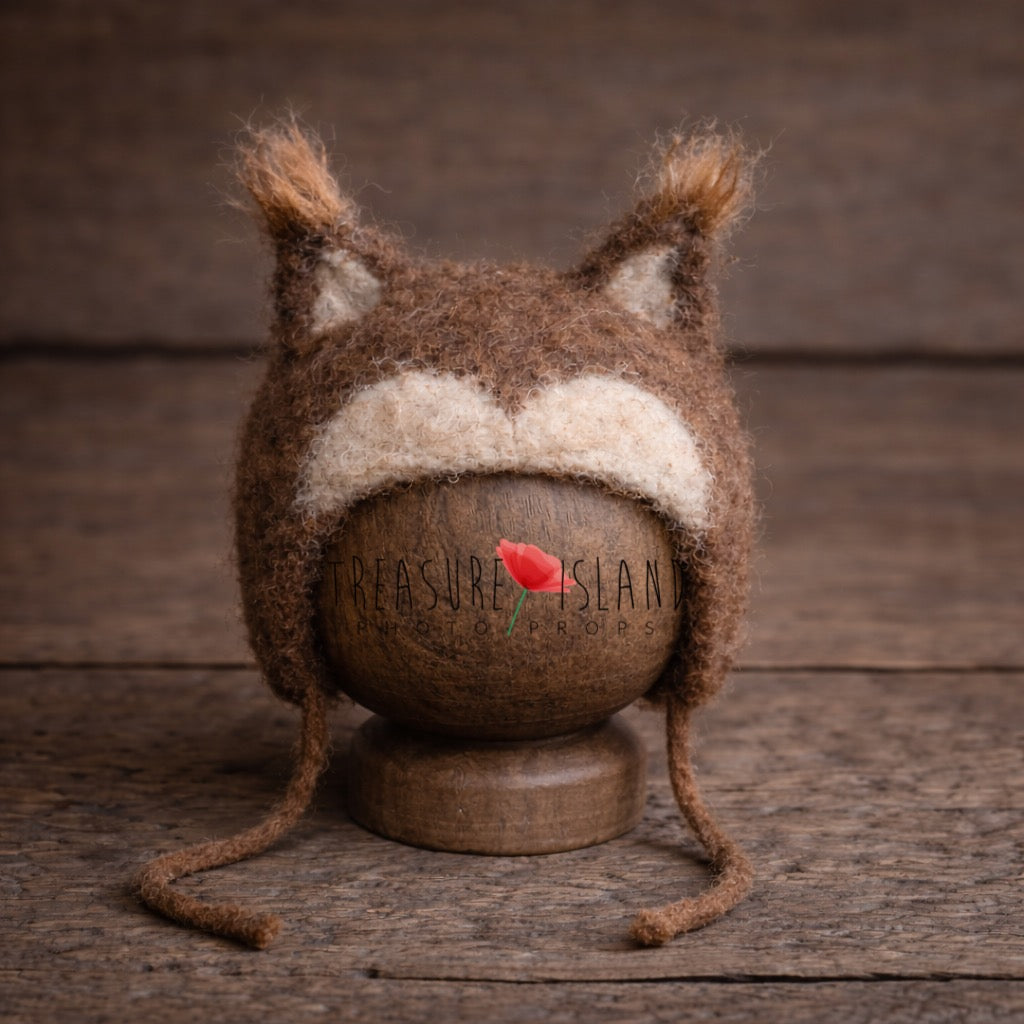 Hand-felted brown owl bonnet for newborn photography in soft natural wool, woodland theme prop