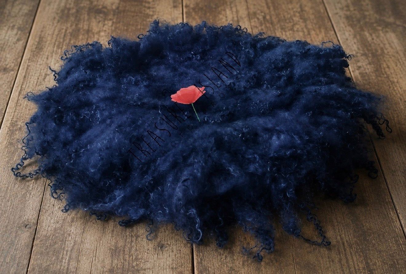 MIDNIGHT BLUE Curly Wool Blanket | Hand Felted Natural Sheep Curls Photography Prop