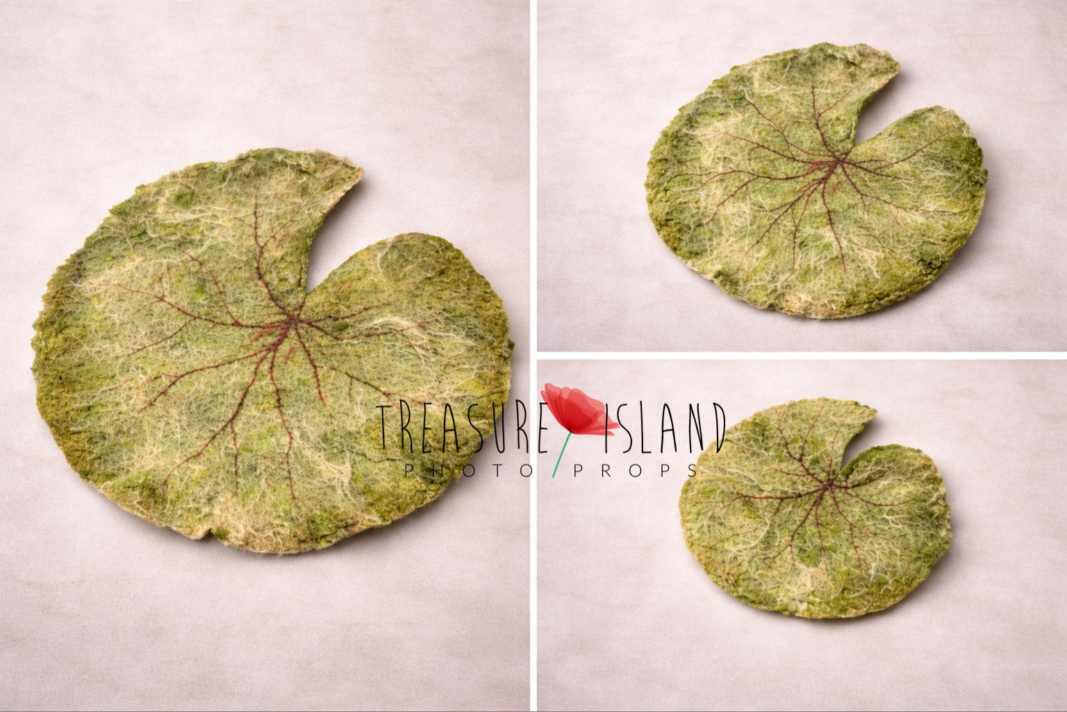 Three hand-felted water lily leaves in different sizes on light studio background, botanical newborn prop