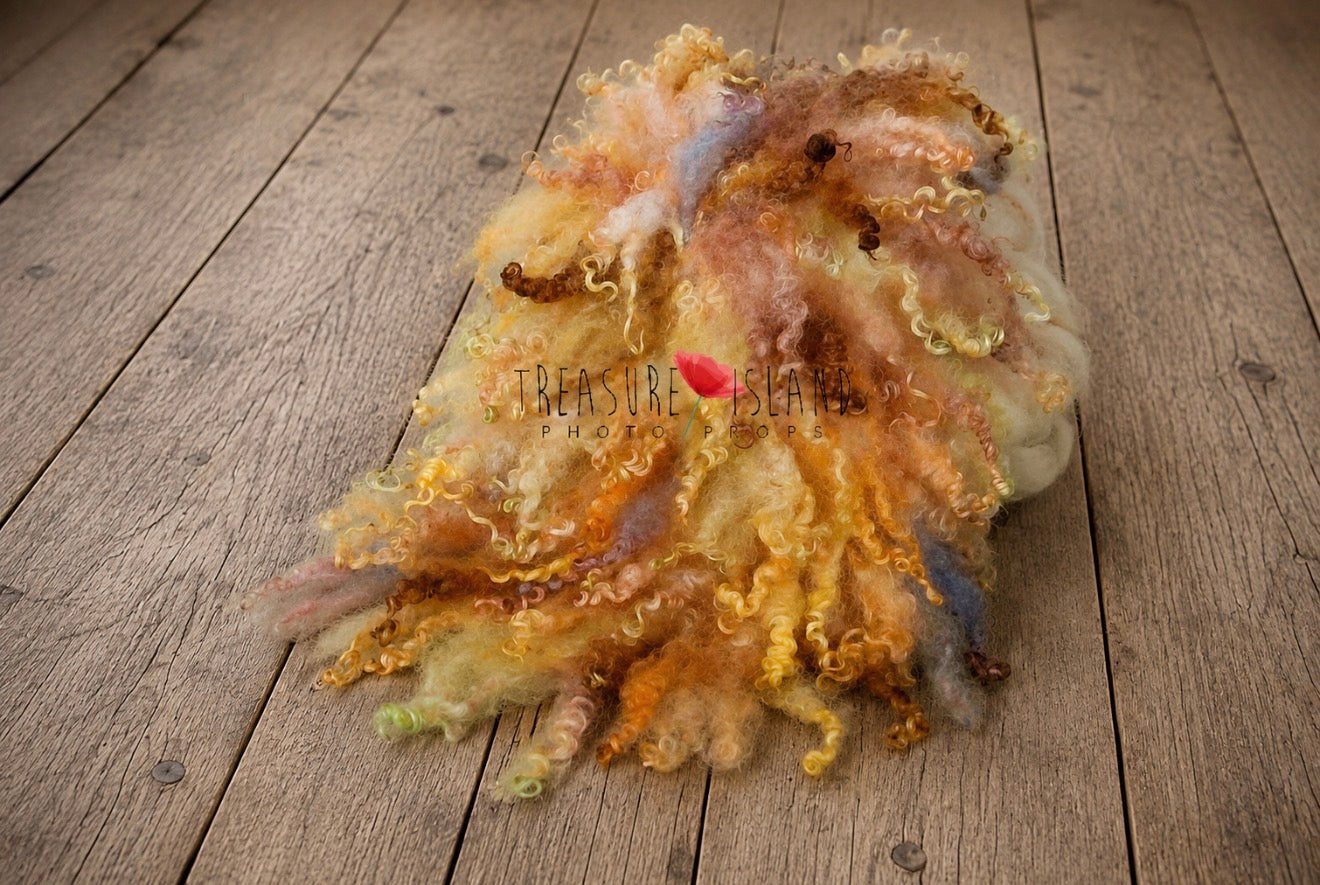 Autumn Harvest Mix hand felted curly wool blanket with golden, honey, caramel and peach natural sheep curls for newborn photography