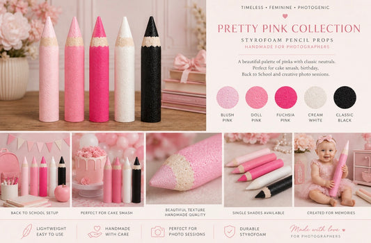 Pretty Pink Collection handmade styrofoam pencil photography props in blush pink, doll pink, fuchsia pink, cream white and classic black with lifestyle inspiration for newborn, cake smash and back to school photo sessions.