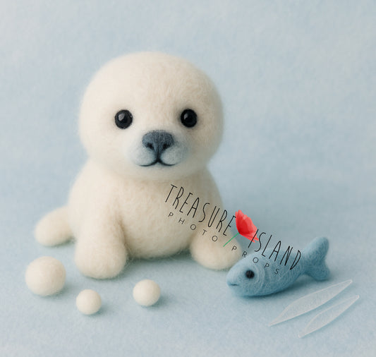 Felted Seal Mini Set – toy seal, fish & snowballs - Ice Land Collection