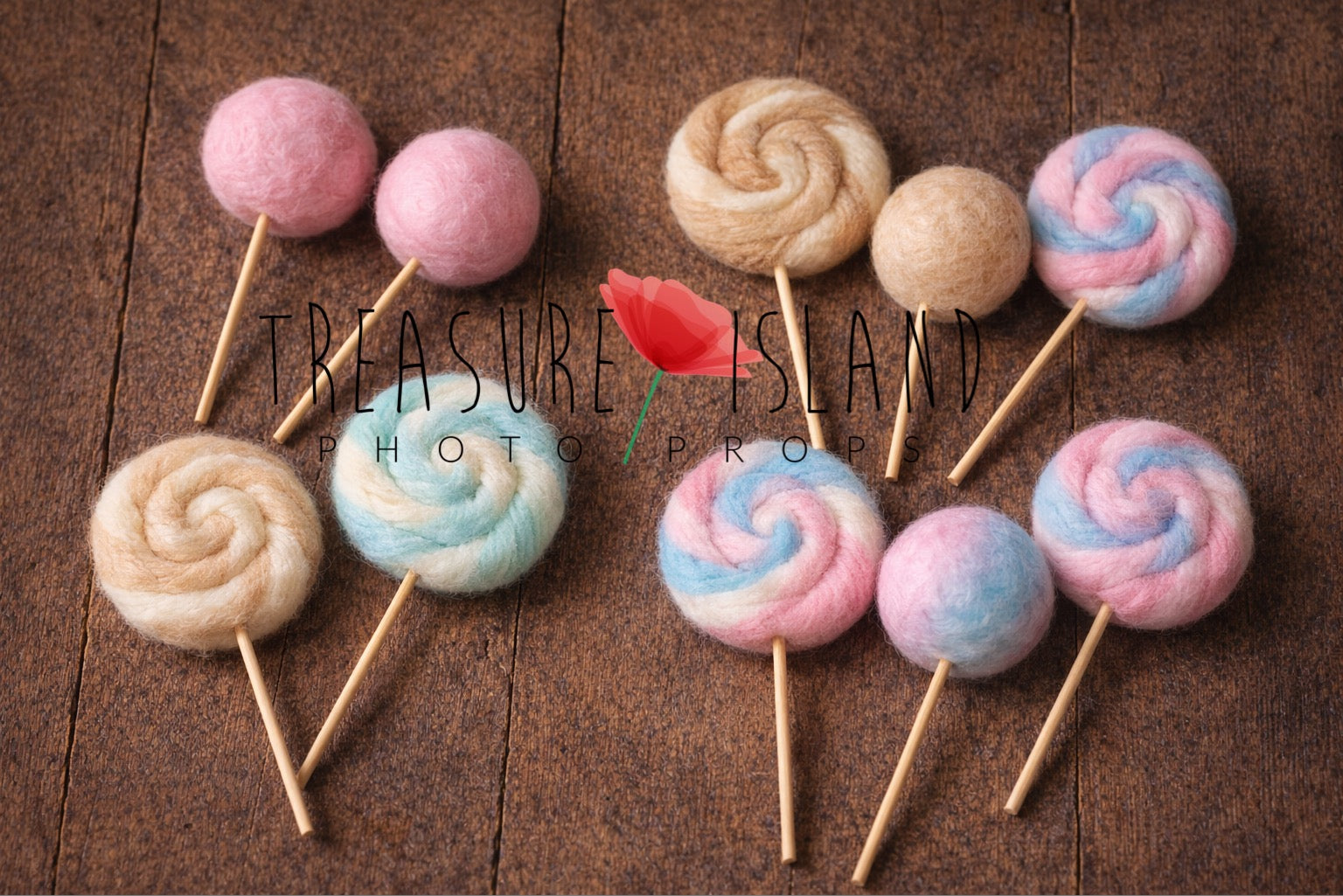 Hand-felted newborn beds in flat swirl and spherical lollipop styles, mixed color wool photography props for newborn session 