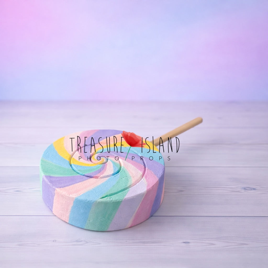 “Handcrafted rainbow swirl Cake Smash photography prop lollipop for baby studio sessions