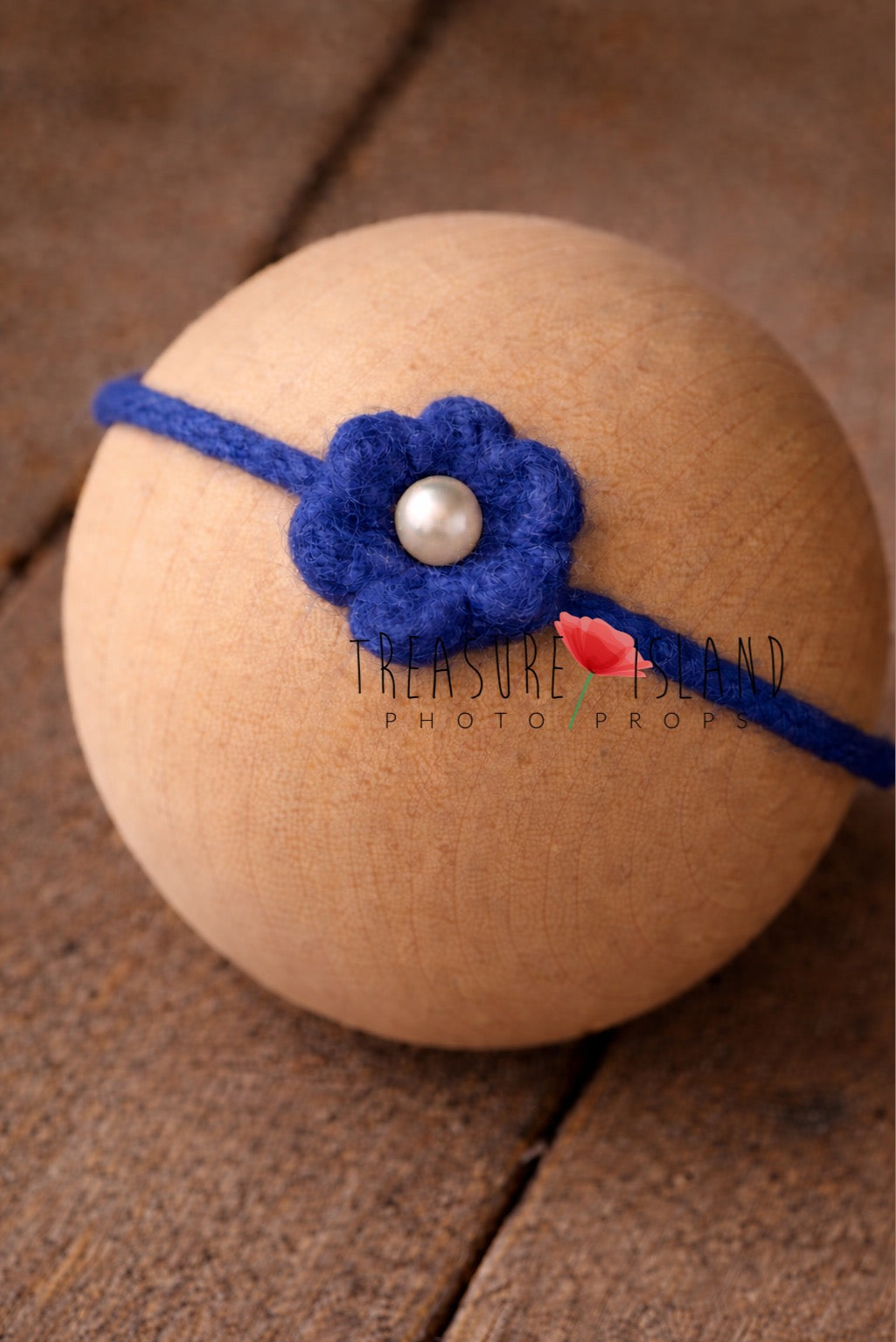 Hand-felted royal blue flower headband with pearl detail, wool newborn photography prop