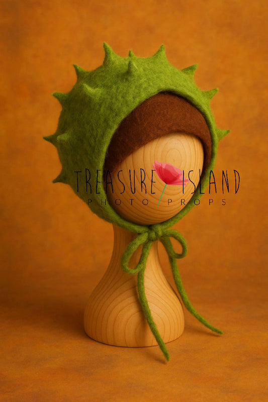 Handmade felted chestnut bonnet for newborn photography, green spiky chestnut husk bonnet made from merino wool, woodland autumn baby photo prop
