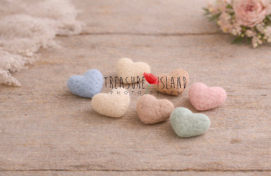 Handmade felt mini hearts in blue, cocos, beige,pink  mint palette, baby photography styling prop for newborn and sitter

