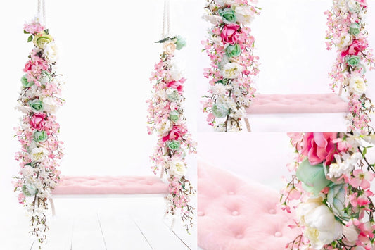 Luxury floral swing prop with pink velvet tufted seat and pastel blossom garland – newborn, sitter and cake smash photography studio prop
