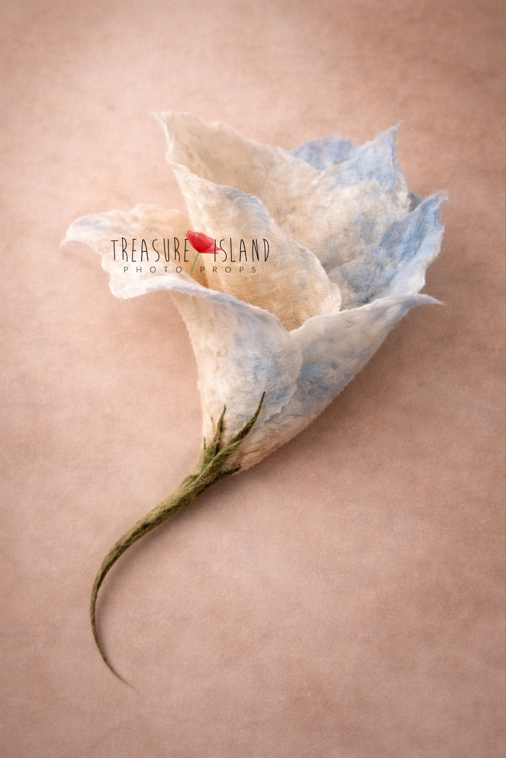 Hand felted newborn photography flower prop in cream and soft blue tones with full green stem – unique artisan baby photo accessory