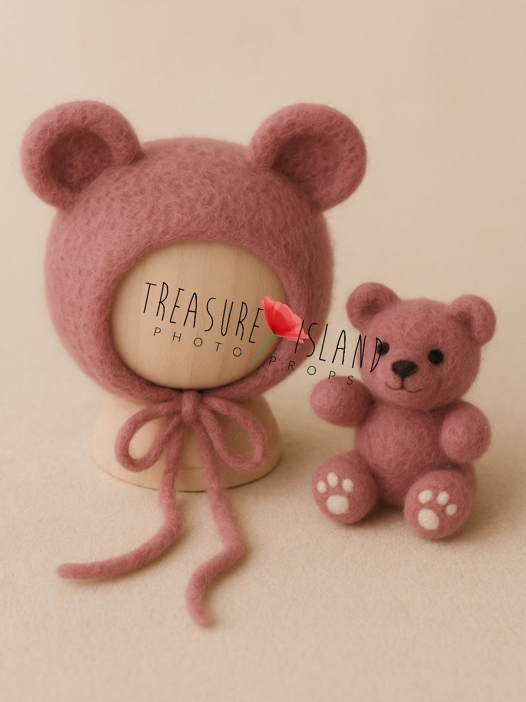 Felted Teddy Bear Bonnet Set – handmade newborn & sitter prop