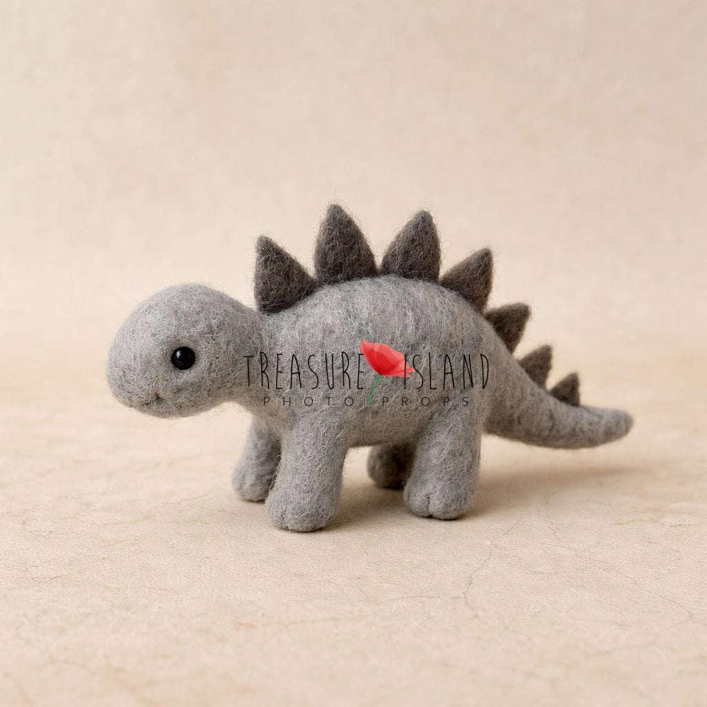 Handmade needle felted grey dinosaur, soft wool stegosaurus photography prop from DINO collection, newborn baby photo accessory.