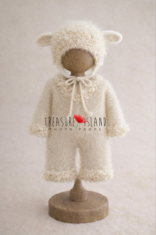 Little Lamb newborn photography outfit set with hand knit wool romper and lamb bonnet with natural sheep curls