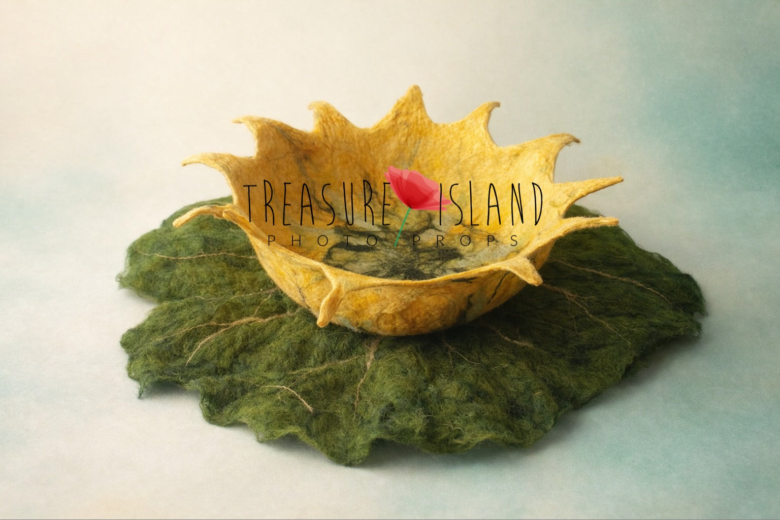 Handmade felted bowl with leaf for newborn and sitter photography. Unique artisan prop available in 40 cm and 50 cm sizes. Worldwide shipping.