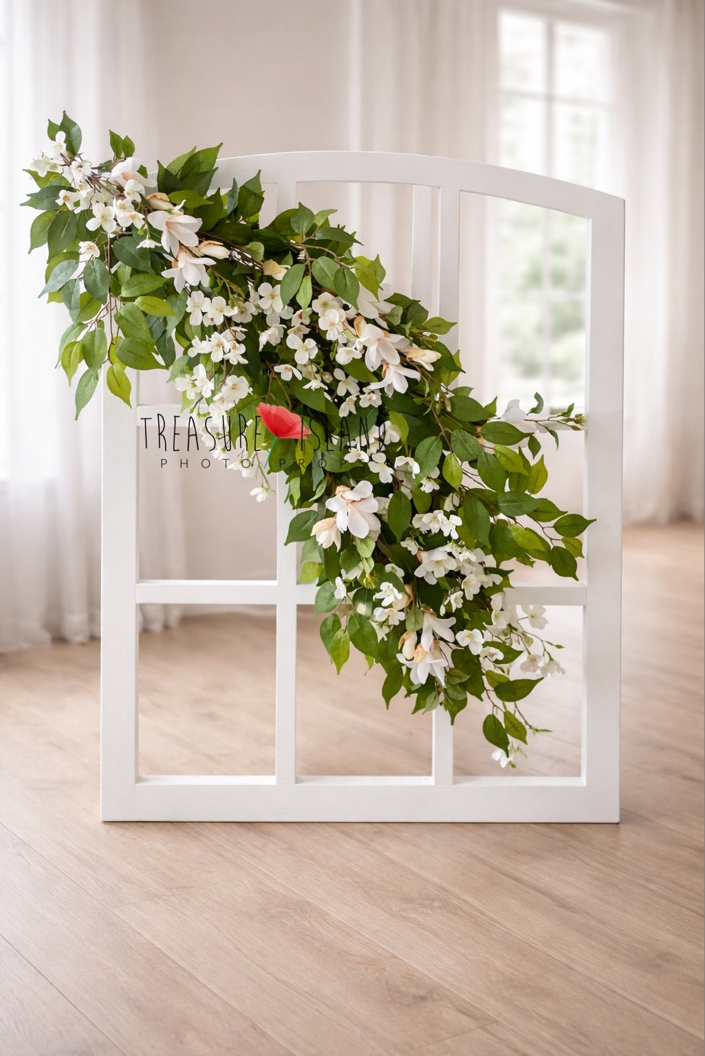 White magnolia floral garland on vintage window frame – newborn photography prop, spring floral backdrop for baby, sitter and maternity photoshoot