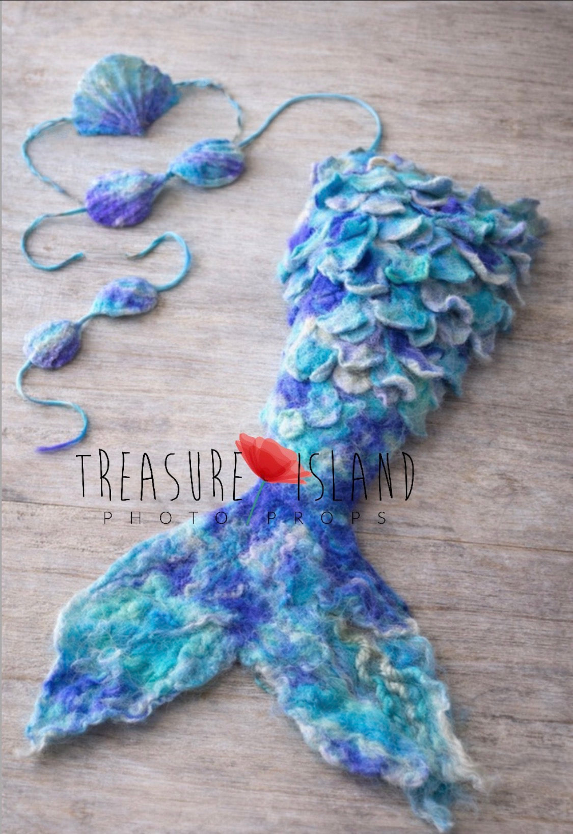 Luxury Mermaid Set – Handmade Felted Tail, Shell Top & Headband | Newborn & Sitter Photography Props