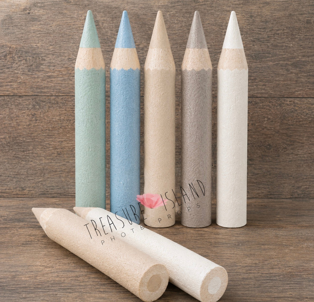 Chart of Coastal Garden Collection handmade styrofoam giant colored pencils in Seafoam, Sky Blue, Sand, Driftwood, White. Back to School photo props for newborn, sitter and cake smash photography. Back to School photography props for newborn, sitter and cake smash sessions.