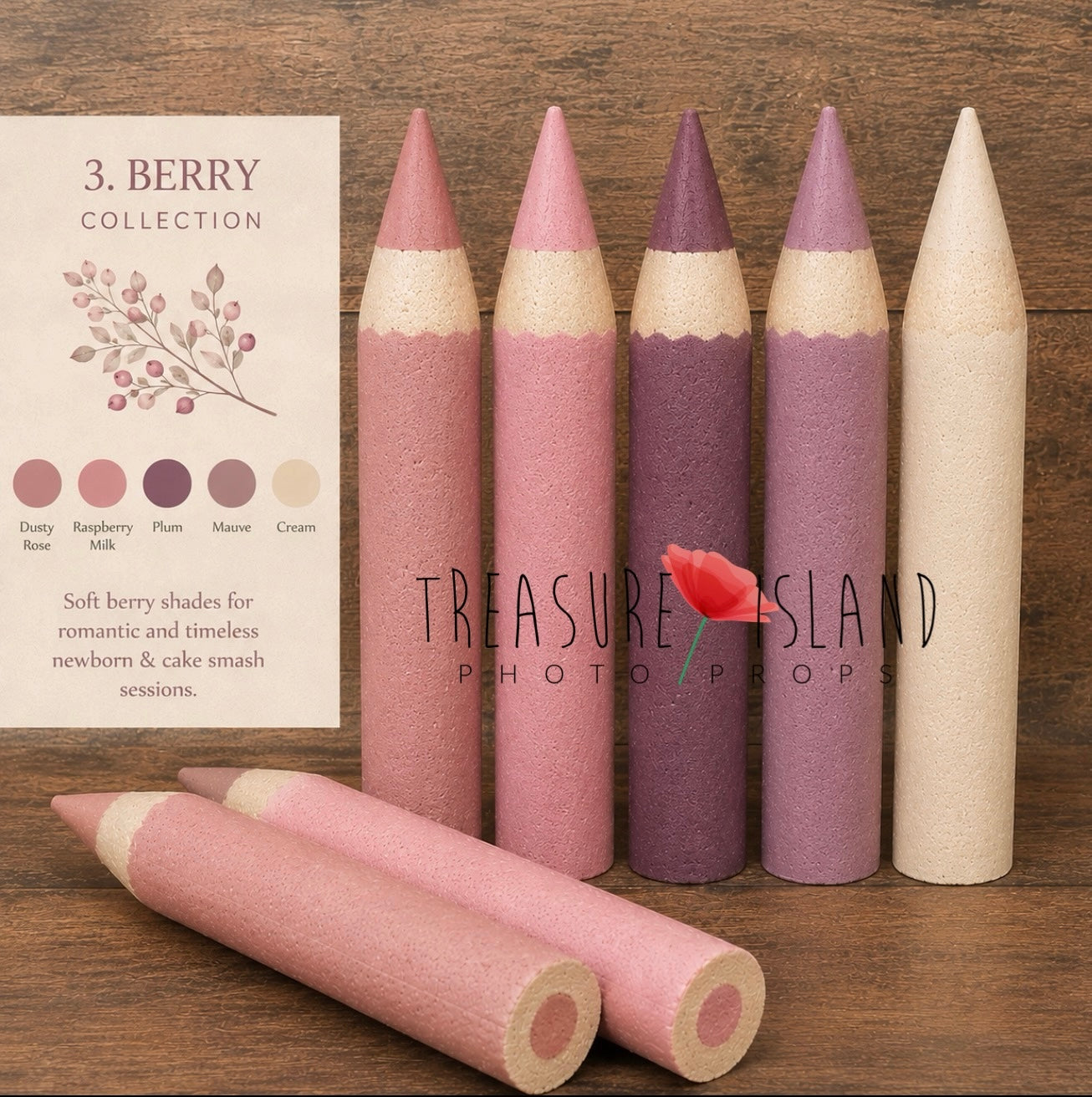5 of Berry Collection handmade styrofoam giant colored pencils in Dusty Rose, Raspberry Milk, Plum, Mauve, Cream. Back to School photo props for newborn, sitter and cake smash photography. Back to School photography props for newborn, sitter and cake smash sessions.