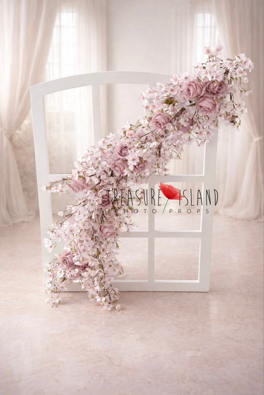 Elegant white arched window backdrop with pink roses and cherry blossoms, floral newborn photography prop for studio sessions
