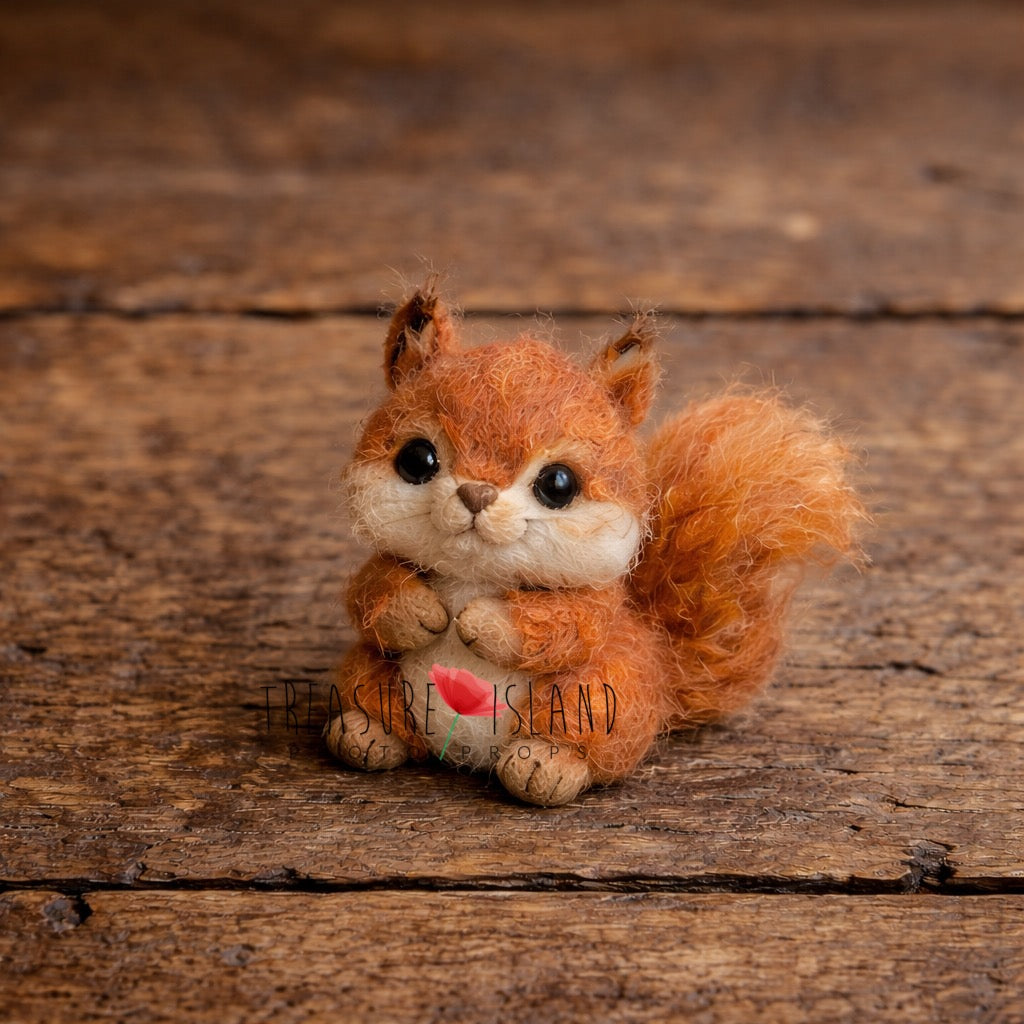 Small hand-felted red squirrel newborn photography prop in warm rusty brown tones, handmade from natural wool