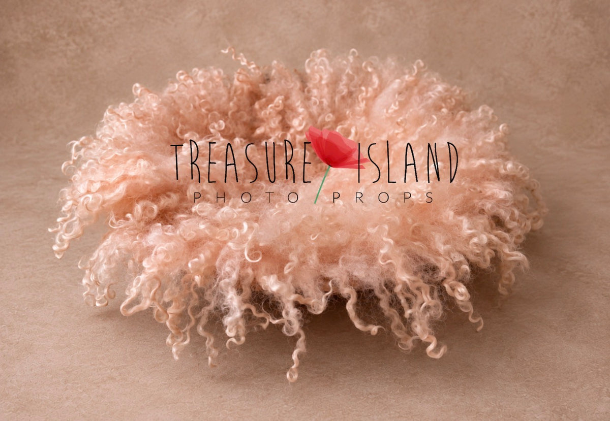 Handmade coral newborn photography blanket felted from natural sheep wool and curly sheep locks