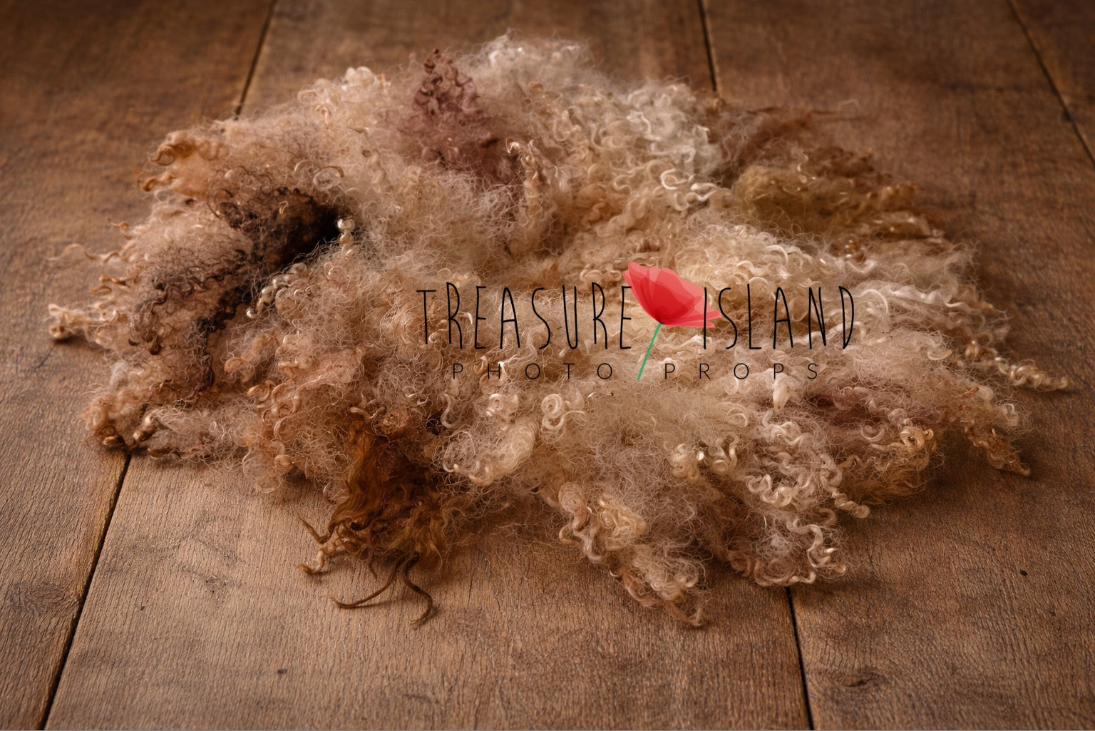 Hand-felted newborn photography blanket in rich chocolate, hazelnut brown and beige tones, natural curly sheep wool styled on old wooden floor background