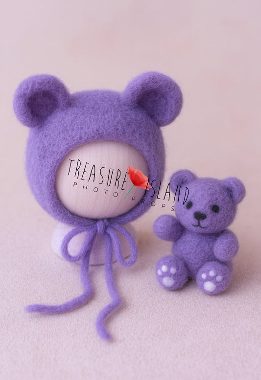 Felted lavender teddy bear set with bonnet, newborn photography accessory
