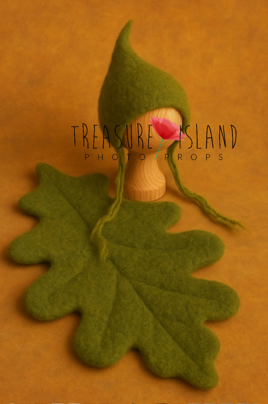 Felted Oak Leaf & Bonnet Set – Green