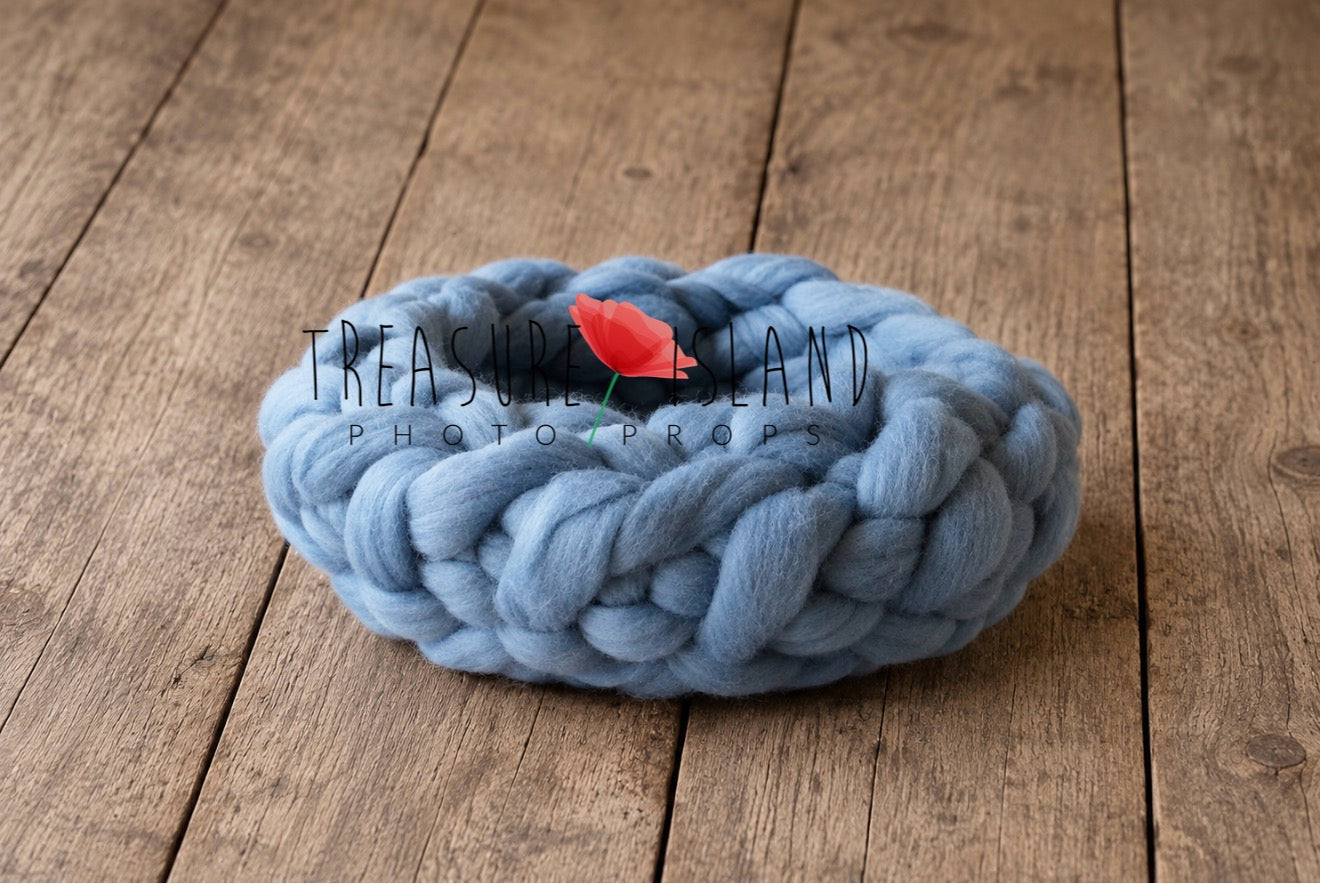Cornflower Breeze chunky wool nest newborn photography prop, hand knitted baby posing basket for newborn photo sessions