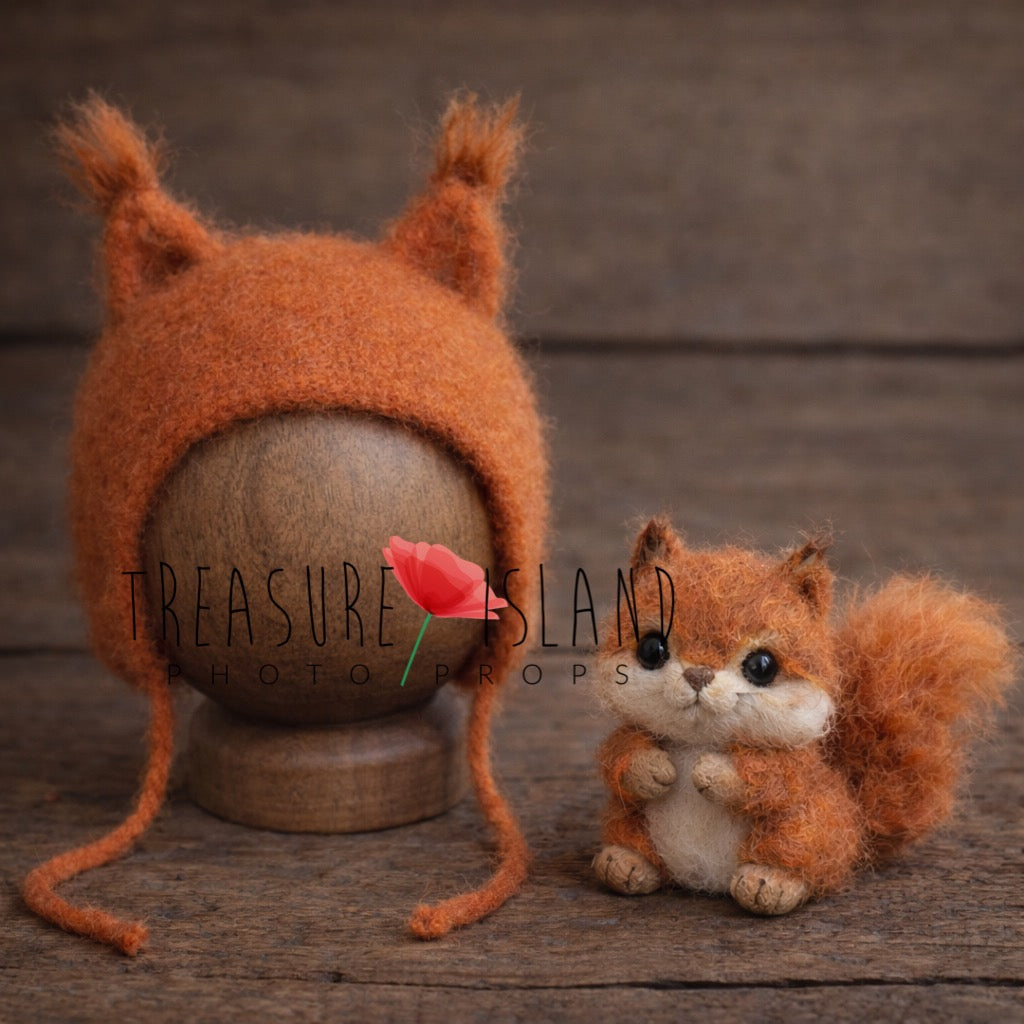 Hand-felted newborn squirrel bonnet with small red squirrel companion in warm rusty tones, woodland photography prop set made from natural wool