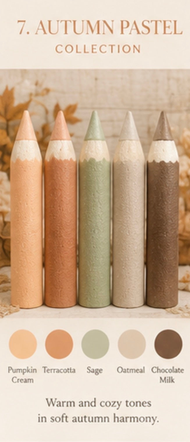 Chart of Autumn Collection handmade styrofoam giant colored pencils in Pumpkin Cream, Terracotta, Sage, Oatmeal, Chocolate Milk. Back to School photo props for newborn, sitter and cake smash photography. Back to School photography props for newborn, sitter and cake smash sessions.