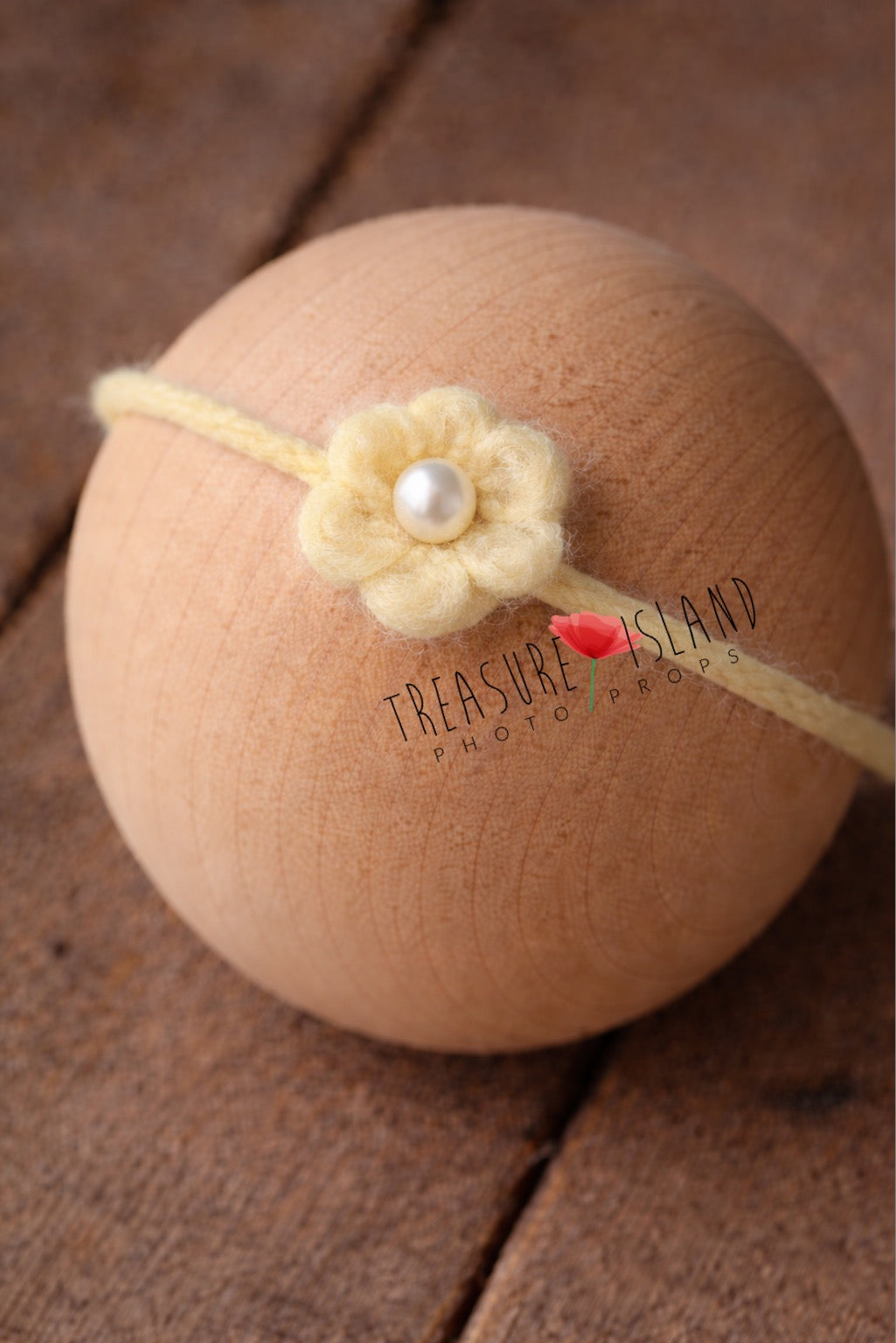 Hand-felted dull yellow flower headband with pearl detail, wool newborn photography prop