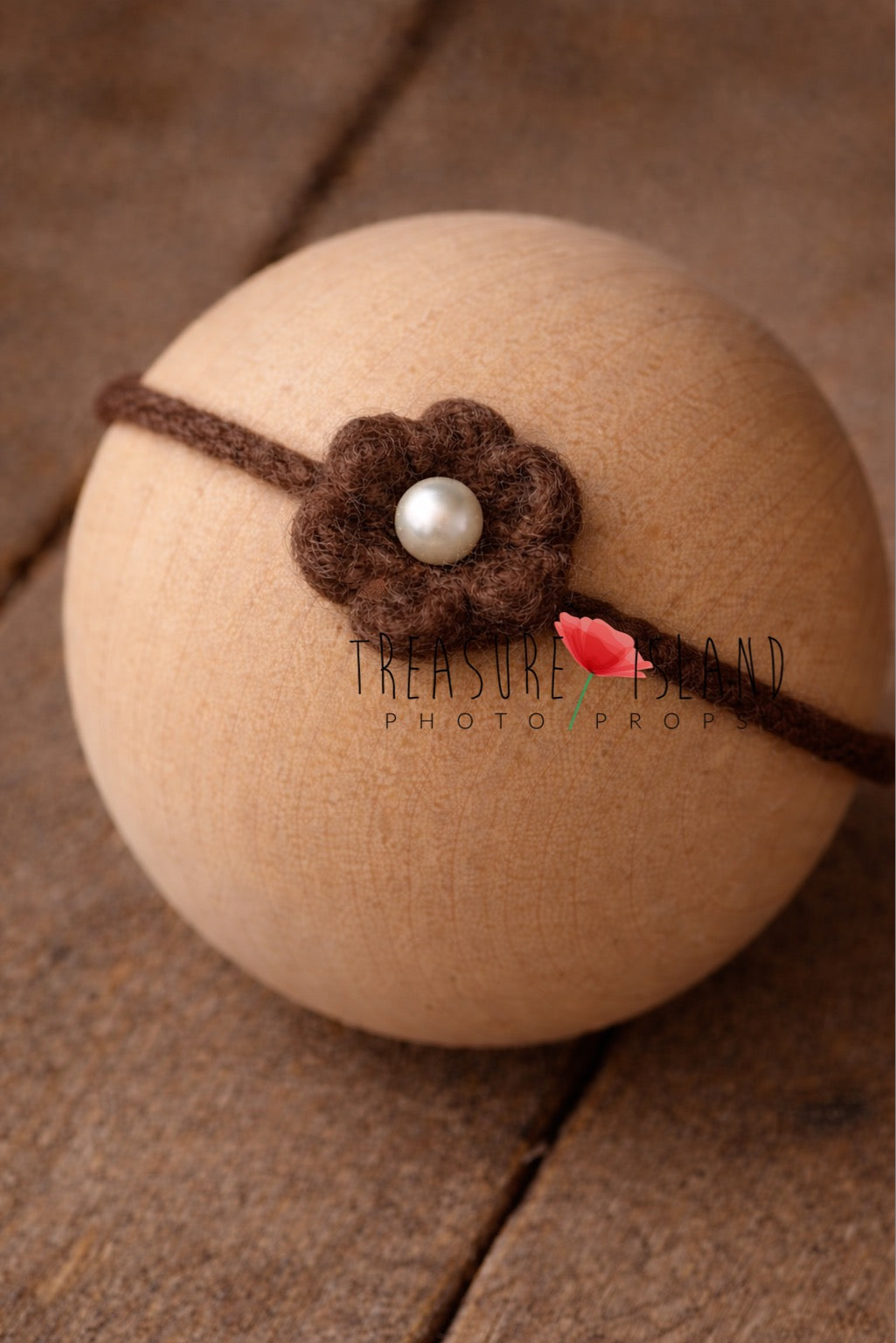Hand-felted chocolate flower headband with pearl detail, wool newborn photography prop