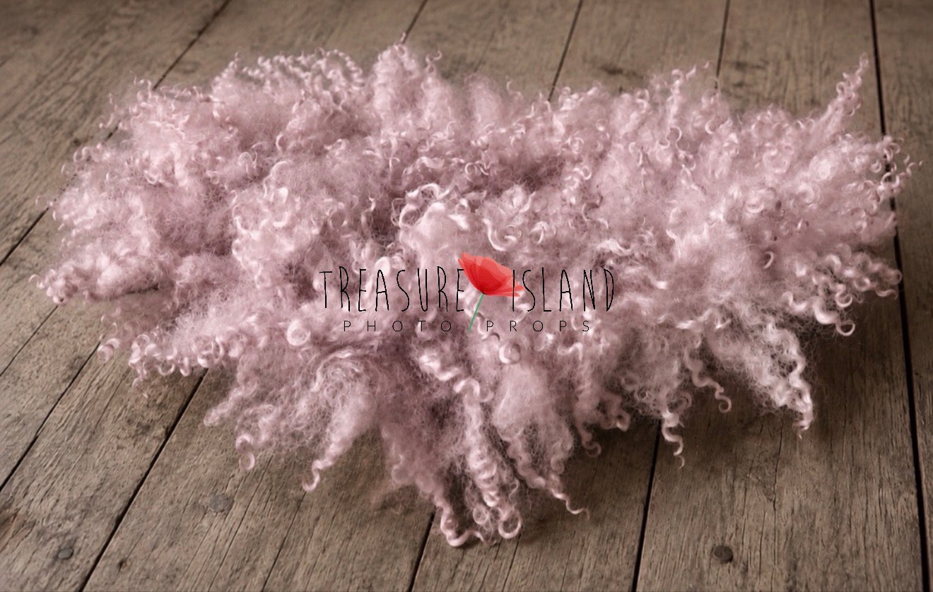 Mauve Mist hand felted curly wool blanket with natural sheep curls for newborn and sitter photography
