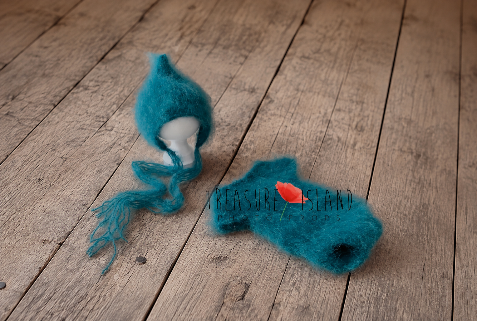 Luxury handmade fluffy knit newborn romper with matching Imp Hat, crafted from premium brushed wool in turquoise blue for newborn and sitter photography