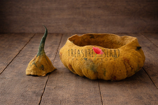 Handmade felted mustard barrel  newborn photography prop bowl with matching stem lid displayed on a rustic wooden floor.