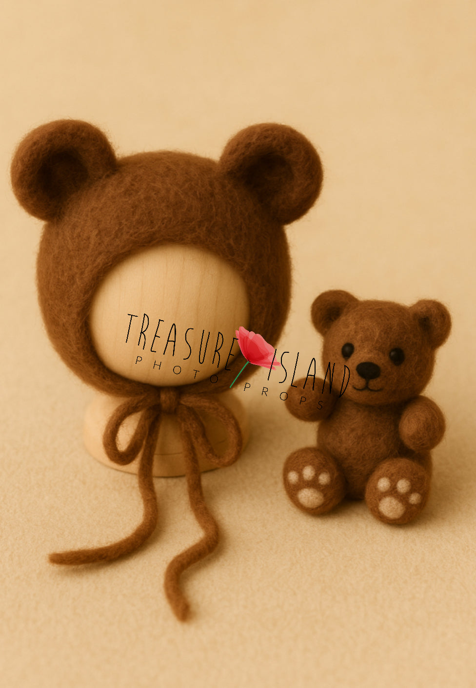 Felted Teddy Bear Bonnet Set – handmade newborn & sitter prop