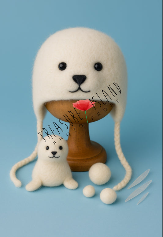 Felted Seal Bonnet Set – bonnet, toy seal & snowballs - Ice Land Collection